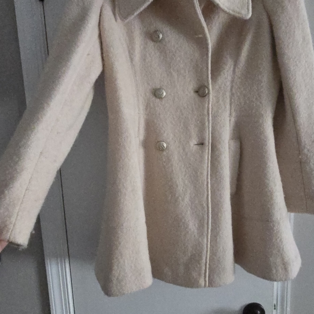 Guess Cream Double-Breasted Pea Coat Warm And Stylish.